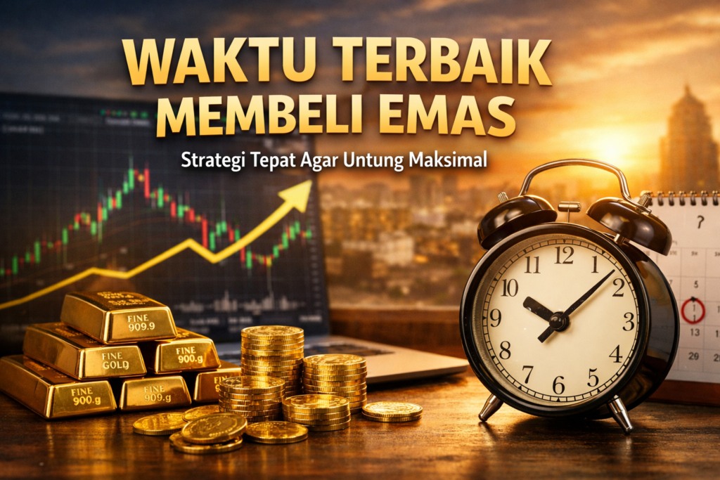 Ilustrasi waktu terbaik membeli emas, menampilkan emas batangan, grafik harga emas, dan konsep strategi investasi emas